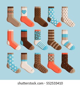 Colorful cartoon cute stylized socks. Kids wear, socks set vector illustration