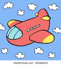 Colorful cartoon cute toy airplane in sky. Baby's / toddler's first words/Memory/Bingo/Match game printable flash card. Outline vector clip art eps 10 illustration.
