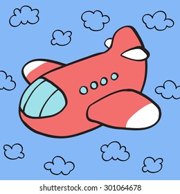 Colorful cartoon cute toy airplane in sky. Baby's / toddler's first words/Memory/Bingo/Match game printable flash card. Outline vector clip art eps 10 illustration.