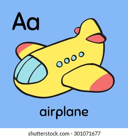 Colorful cartoon cute toy airplane in sky. Baby's first words/Memory/Bingo/Match game printable flash card design. English alphabet - Letter A - airplane. Outline vector clip art eps 10 illustration.