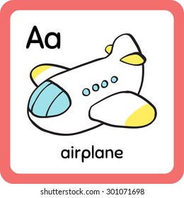 Colorful cartoon cute toy airplane in sky. Baby's first words/Memory/Bingo/Match game printable flash card design. English alphabet - Letter A - airplane. Outline vector clip art eps 10 illustration.