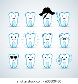 Colorful Cartoon design cute tooth character with different facial expressions, emotions. Set, collection of emoji isolated on white background.