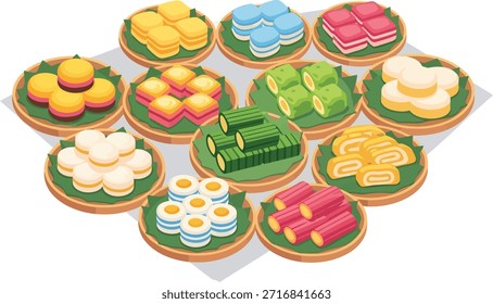 Postres coloridos de dibujos animados que se muestran en múltiples platos