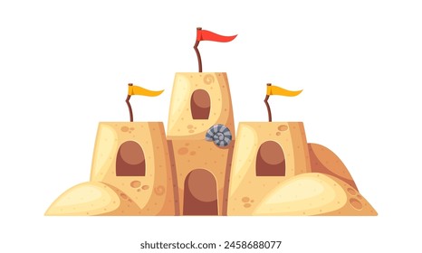 Colorful Cartoon Detailed Sandcastle With Multiple Towers, Flagged Turrets And Clam Shell Adornment. Cartoon Vector