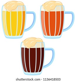 Colorful cartoon different beer type mug. Refreshing drink for birthday party. Oktoberfest festival themed vector illustration for icon, sticker, label, badge, emblem, certificate, banner decoration