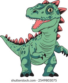 Colorful cartoon dinosaur illustration, green with dark spots, red spikes, and a friendly smile. Perfect for kids' materials, education, books, party decor, clothing, branding, and creative designs