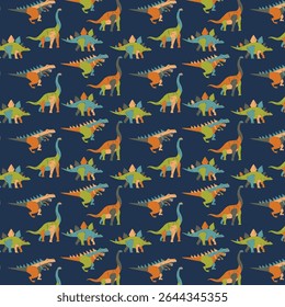 Colorful Cartoon Dinosaur Seamless Pattern, Cute Prehistoric Animal Vector Background for Kids