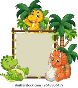 Colorful cartoon dinosaurs around a blank sign with palm trees. Bright, cheerful design suitable for children's content