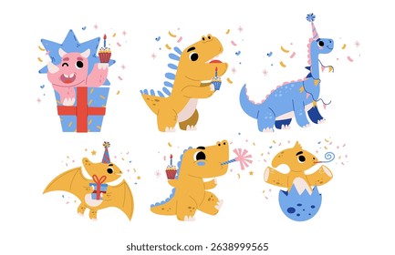 Colorful Cartoon Dinosaurs Joyfully Celebrating Various Festivities with Cheerful Glee