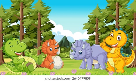 Colorful cartoon dinosaurs in a vibrant forest scene with playful expressions and bright, cheerful colors