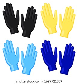 Colorful cartoon disposable nitrile gloves set. Protective wear for hair coloring. Hairdresser equipment vector illustration for icon, stamp, certificate, brochure, coupon or banner decoration