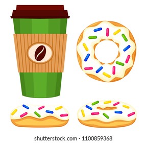 Colorful cartoon donut and coffee set. Unhealthy sweet fastfood for breakfast or coffee break. Comfort food themed vector illustration for icon, sticker, patch, badge, label, web banner
