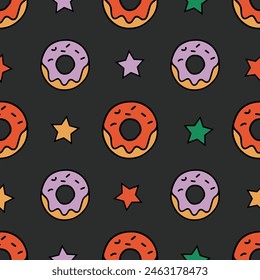 Colorful cartoon donuts and stars on black background. Vector seamless donuts pattern in groovy style retro colors.