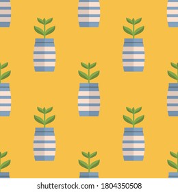 Colorful cartoon doodle flower in pot seamless pattern. Succulent floral background in flat style. Vector illustration.   