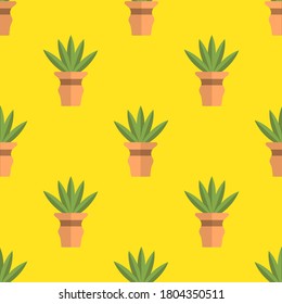 Colorful cartoon doodle flower in pot seamless pattern. Succulent floral background in flat style. Vector illustration.   