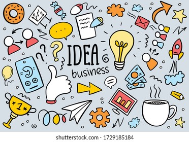 Colorful cartoon doodle idea background with bulb, like, mouse, like, money, computer, letter, coffee and others