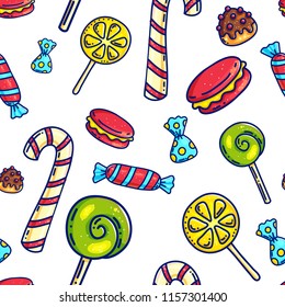 Colorful cartoon doodle with outlines sweet candies seampless pattern background for wrapping paper and packaging. 