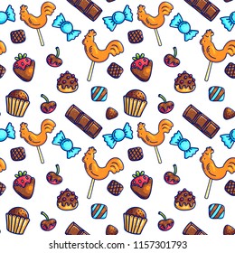 Colorful cartoon doodle with outlines sweet candies seampless pattern background for wrapping paper and packaging. With caramel rooster and chocolates