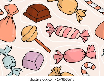 Colorful cartoon doodle with outlines sweet candies seamless pattern background for wrapping paper and packaging.
