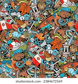 Colorful cartoon doodle seamless pattern with a variety of Canadian objects and symbols, including maple leaf, beaver, moose, hockey stick, and snow. 