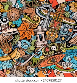 Colorful cartoon doodle seamless pattern with a variety of Canadian objects and symbols, including maple leaf, beaver, moose, hockey stick, and snow. 