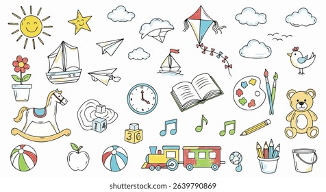 Colorful Cartoon Doodle Set of Toys, School Supplies, and Playful Objects on White Background