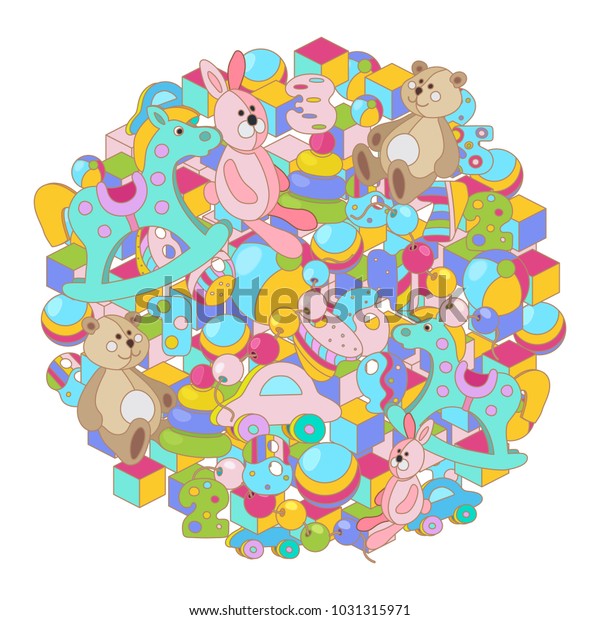 Colorful cartoon\
doodles baby toy vector illustration. Round picture with lots of\
teddy bear, rocking horse, rabbit, toy blocks, balls and letters.\
All objects separate.  \
