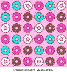 Colorful Cartoon Doughnut Pattern. Seamless Vector Design. Cheerful and lively seamless vector pattern featuring a delightful array of cartoon style doughnuts in vibrant colors.