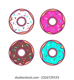 Colorful Cartoon Doughnut Set: Vector Illustration. Vibrant and delightful vector illustration featuring a set of cartoon-style doughnuts in various flavors and designs