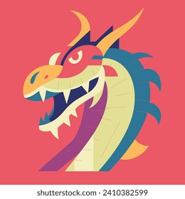 Colorful cartoon dragon with open mouth on red background. Cheerful mythical creature in vibrant colors vector illustration.