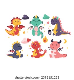 Colorful Cartoon Dragons Collection: A playful and vibrant collection of six unique cartoon-style dragons, each exhibiting a different color and expression, surrounded by whimsical elements 