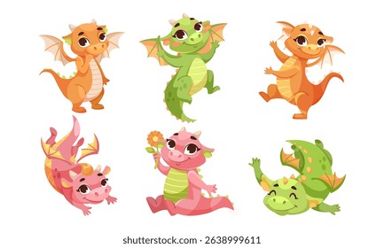 Colorful Cartoon Dragons in Playful, Fun Poses That Bring Joy to Children and Families