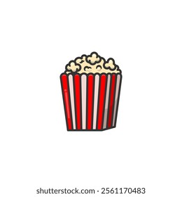 A colorful cartoon drawing of a classic striped popcorn box filled with popped popcorn, isolated on a white background. Ideal for illustrating concepts related to theater, movies, and snack.