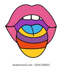 A colorful cartoon drawing depicting a womans mouth, featuring a bright rainbowcolored tongue playfully sticking out. Its vibrant and cheerful