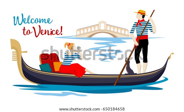 A
colorful cartoon drawing, where a young gondolier in a vest and hat
drives a tourist on a gondola, sitting on a boat and photographing
the Rialto Bridge on a canal in the town of
Venice.