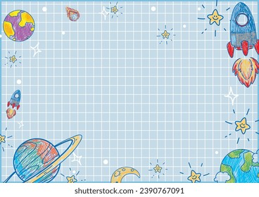 Colorful cartoon drawings of children on lined notebook pages with a space theme