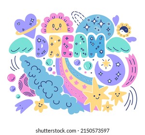 Colorful cartoon Dream lettering with stars, planets, rainbow etc. Bright flat illustration can be used for prints on t-shirt, textile, greeting card or poster.vector