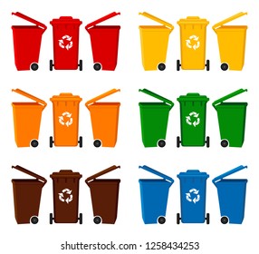 Colorful cartoon dumpster collection. Contaners for different types of trash. Waste disposal themed vector illustration for icon, logo, stamp, label, emblem, certificate or banner decoration