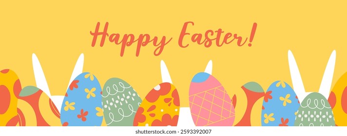 Colorful cartoon Easter banner. Cute bunny, Easter eggs.