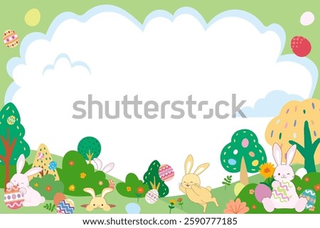 Colorful cartoon easter layout frame design template for banners, background, backdrop, posters with rabbits, easter eggs, trees, flower