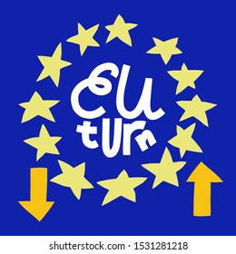 Colorful cartoon EU flag with star circle, hand-drawn lettering EU Turn and arrows.