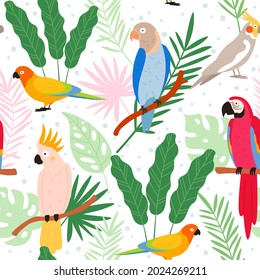 Colorful cartoon exotic parrots and tropical leaves seamless pattern. Cockatoo, macaw, colombia paradise bird. Flat wild parrot vector print. Illustration of cartoon toucan wallpaper and exotic birds