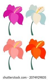 Colorful cartoon exotic vector flower set on white background. Vector illustration for poster, gift card or flyer.