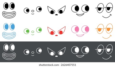 Colorful Cartoon Face Expressions Set. Happy, Angry, Playful, and Cool Emotions. Vector illustration isolated on gray and white background.