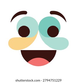 A colorful cartoon face with a happy expression and exaggerated features on a white background.