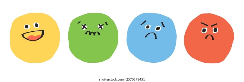 Colorful cartoon faces with different emotions: happy, sad, angry, and confused. Bright, expressive faces in yellow, green, blue, and red. Hand drawn cute emoticon illustration set. Vectors.