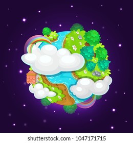 Colorful cartoon fantasy planet Earth on space background, vector illustration. Blue planet with islands, clouds, trees and rainbow.