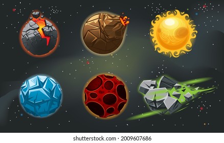 Colorful cartoon fantasy planets set on space background.  Vector illustration