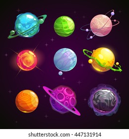 Colorful cartoon fantasy planets set on space background, vector illustration