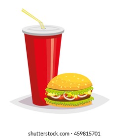 Colorful cartoon fast food icon on white background. Drink with a hamburger. Isolated vector illustration. Eps 10.